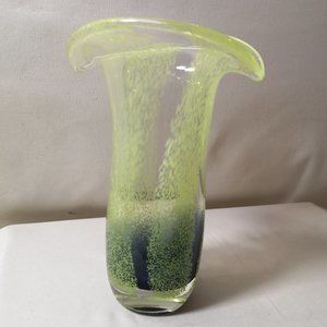 Beautiful Artist Signed Tulip Shape Glass Art Vase Green w Purple-Blue